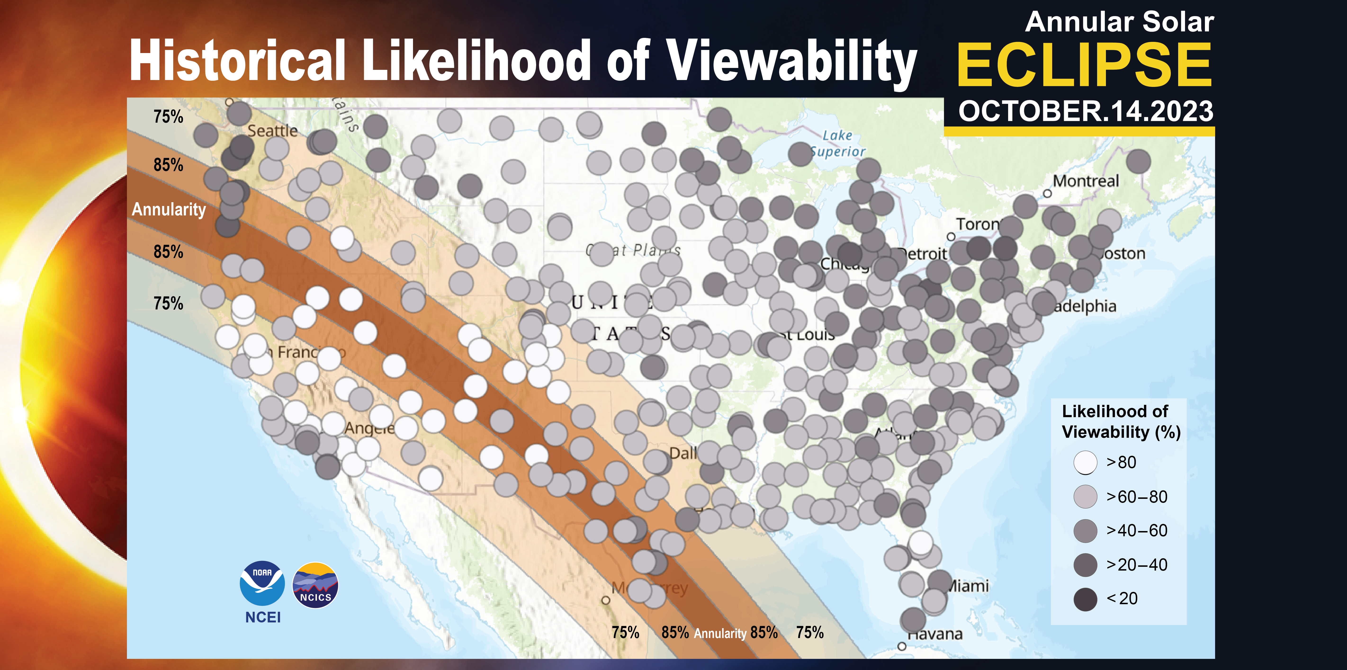 Map of the “Historical Likelihood of Viewability” for the annular solar eclipse on October 14, 2023. The dark orange band stretching from Oregon to Texas shows the path of annularity, the lighter orange band shows 85% of obscuration, and the beige band shows 75% of obscuration.