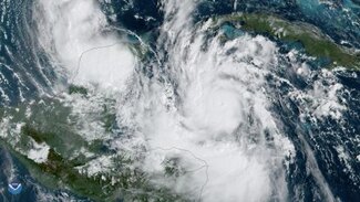 Satellite image of Hurricane Delta (2020) in the Eastern Caribbean Sea.