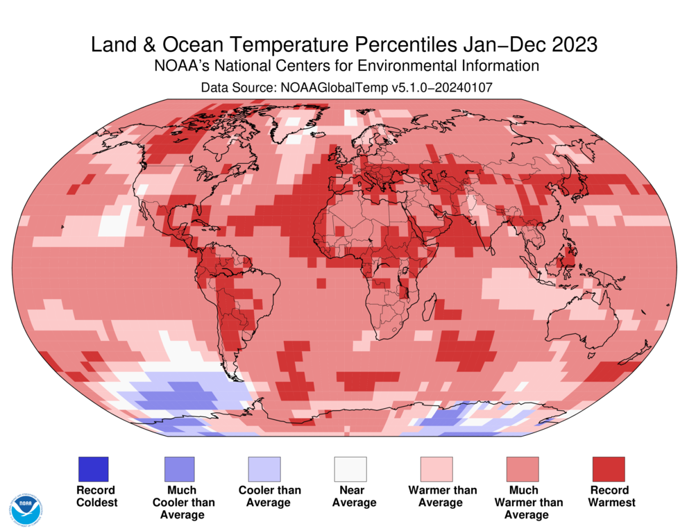 Map of the world showing land/ocean temperature percentiles for 2023 with warmer areas in gradients of red and cooler areas in gradients of blue.