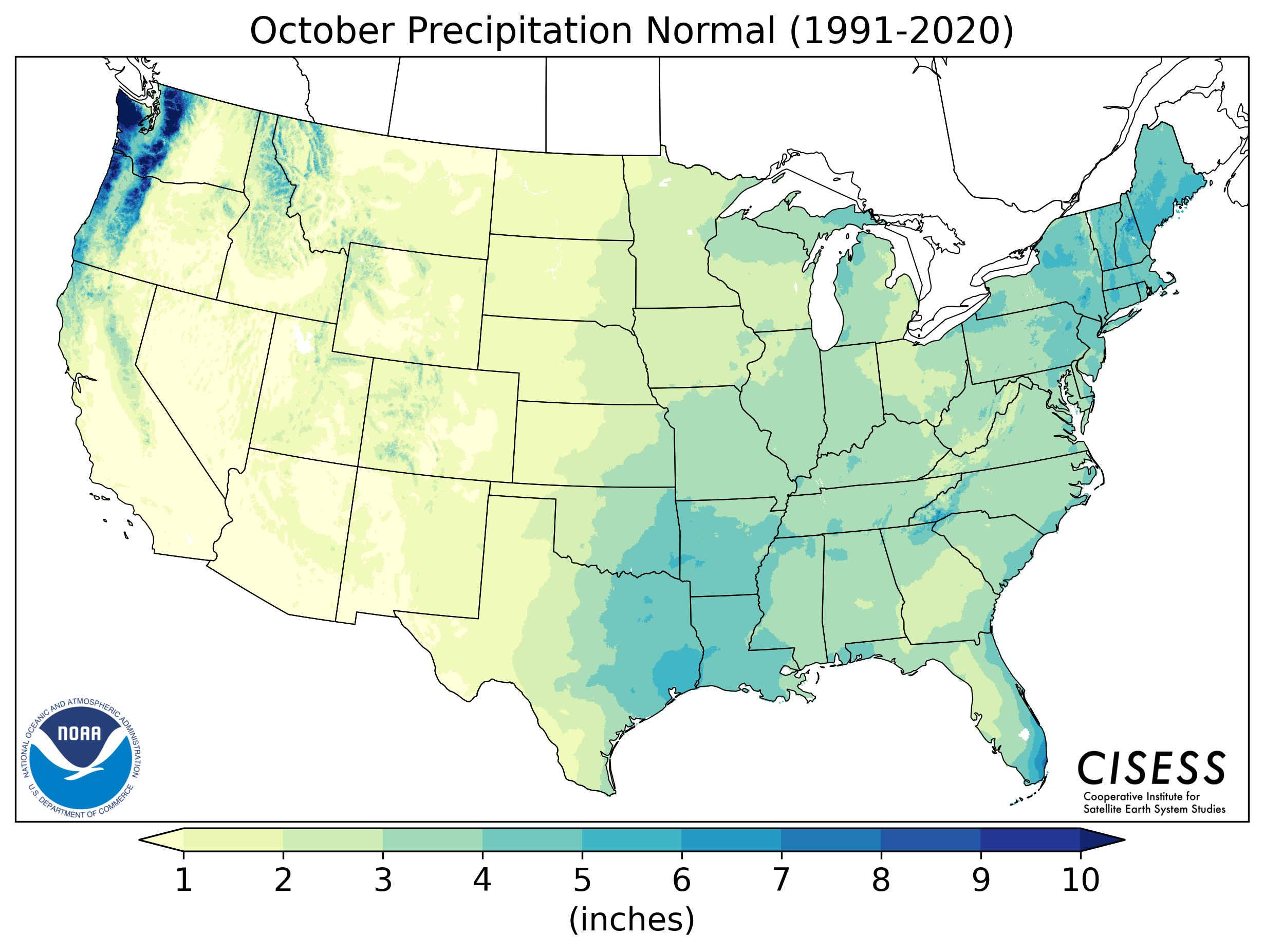 Map of the contiguous United States displaying October precipitation normals from 1991 to 2020 as a range from 1 inch to 10 inches in colored shades from light green to dark blue.