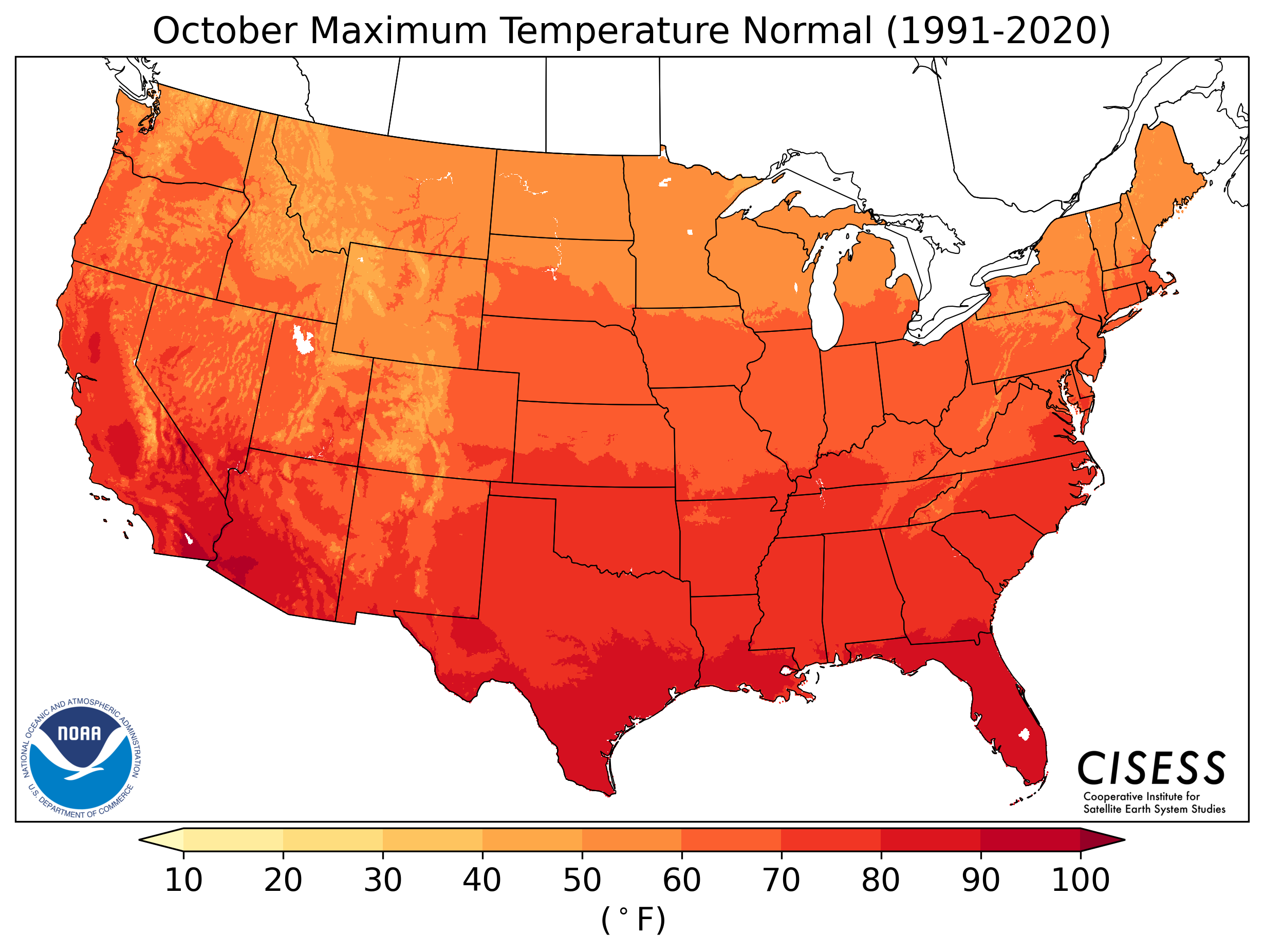 Map of the contiguous United States displaying October maximum temperature normals from 1991 to 2020 as a range from 10 degrees Fahrenheit to 100 degrees Fahrenheit in colored shades from yellow to dark red.