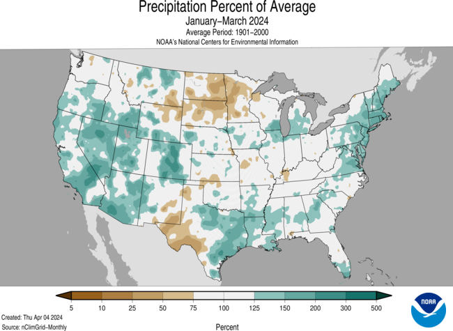 Map of the United States depicting Precipitation Percent of Average from January-March 2024.