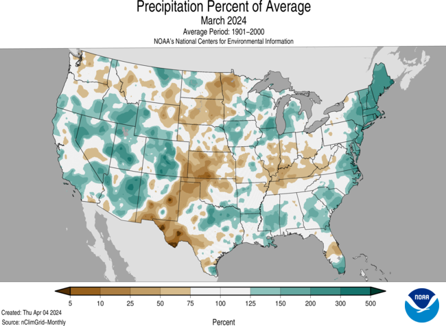 Map of the United states depicting Precipitation Percent of Average for March 2024.