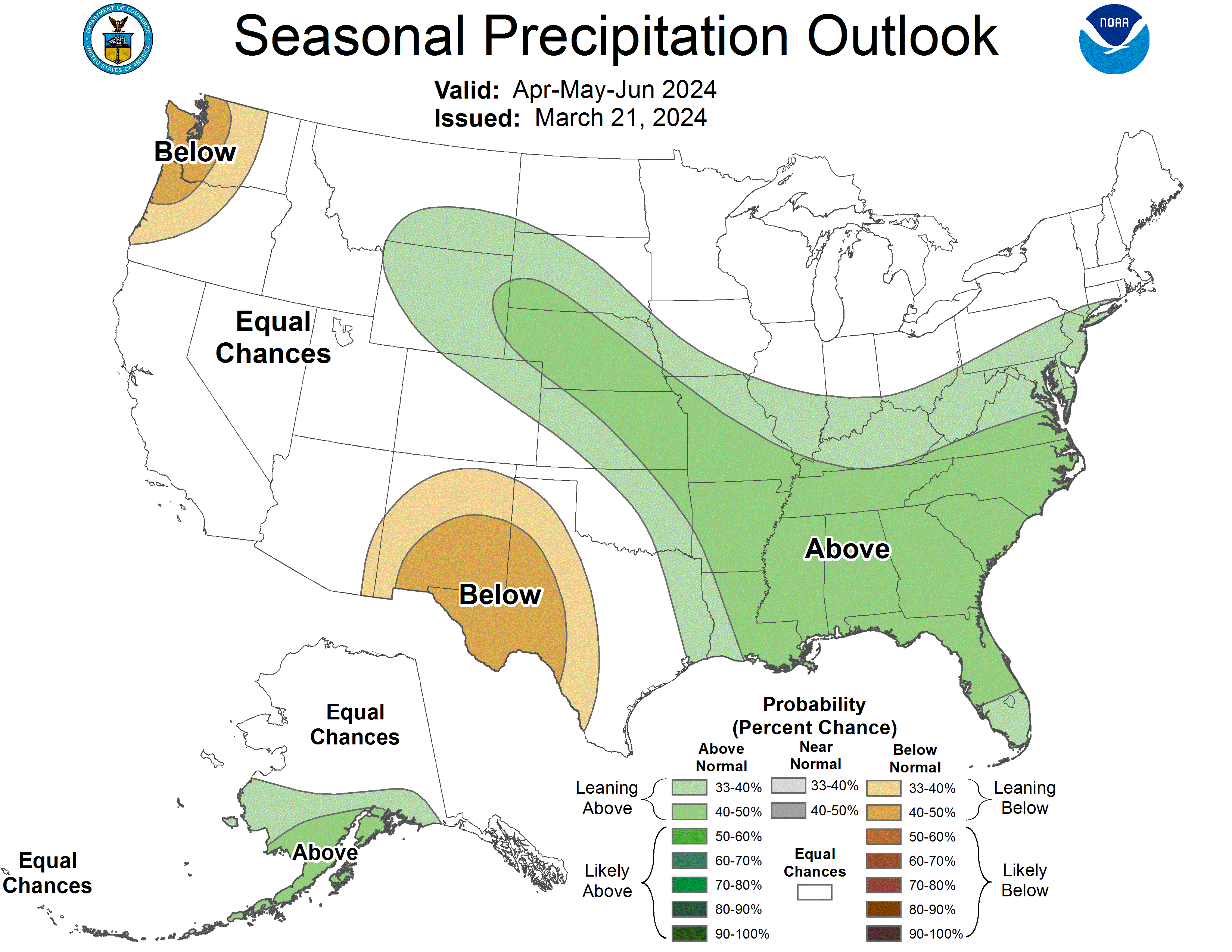 Map of the United States depicting the Seasonal Precipitation Outlook for April-June 2024 issued on March 21, 2024. 