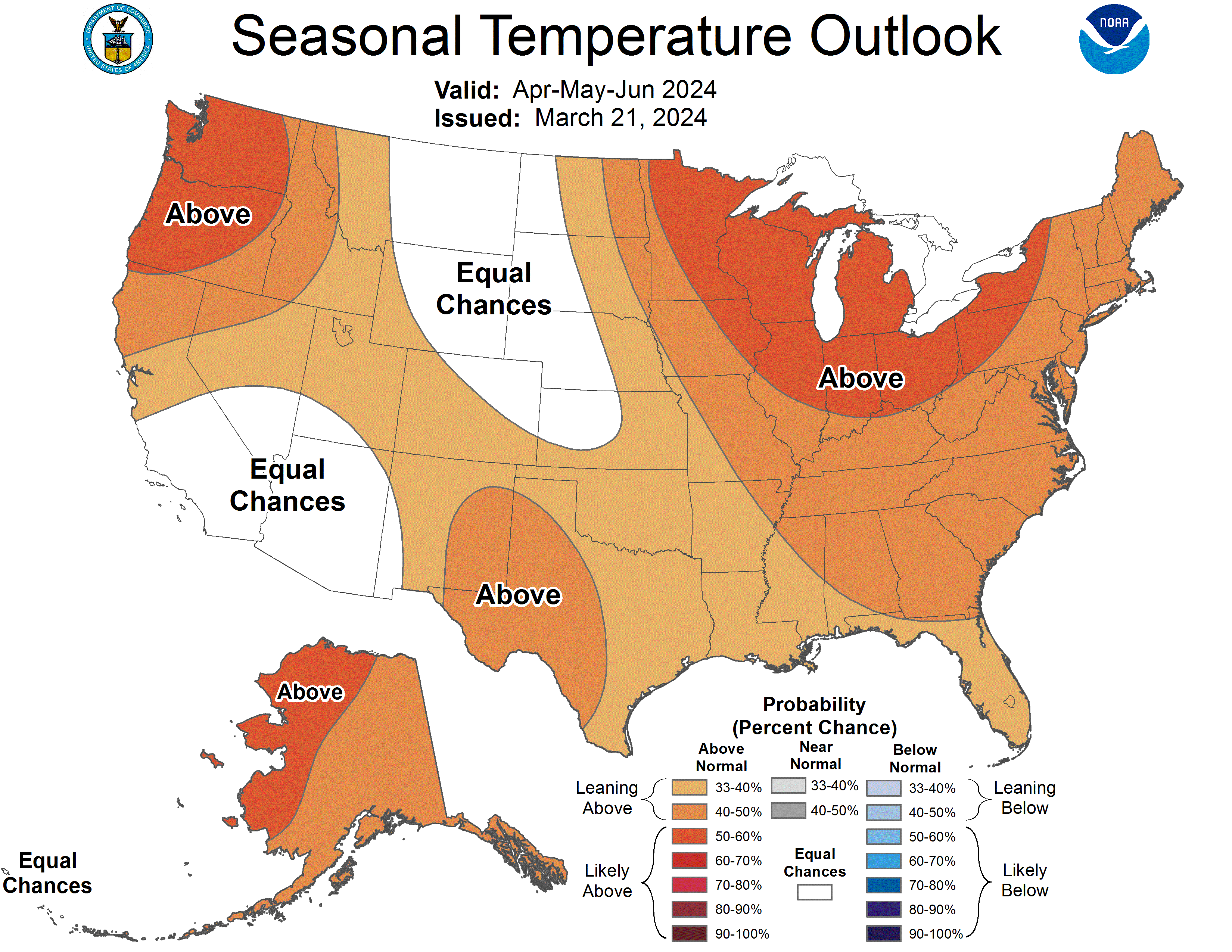 Map of the United States depicting the Season Temperature Outlook for April-June 2024 issues on March 21, 2024. 