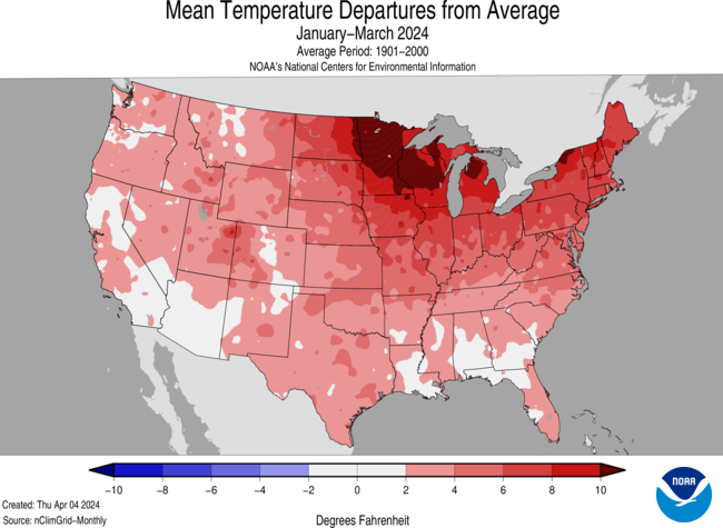 Map of the United States depicting Mean Temperature Departures from Average from January-March 2024.