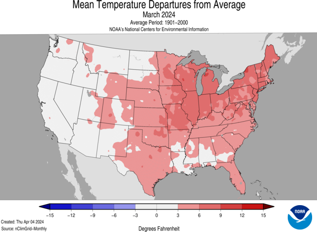 Map of the United States depicting Mean Temperature Departures from Average for March 2024.
