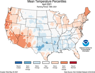 April 2021 US Average Temperature Percentiles Map