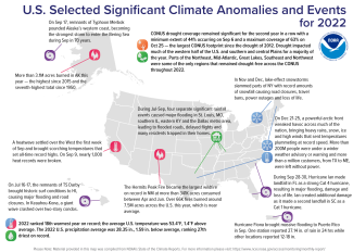 U.S. map showing locations of significant climate anomalies and events in 2022 with text describing each event
