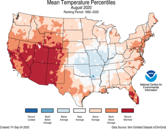 August 2020 US Average Temperature Percentiles Map