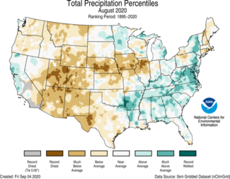 August 2020 US Total Precipitation Percentiles Map