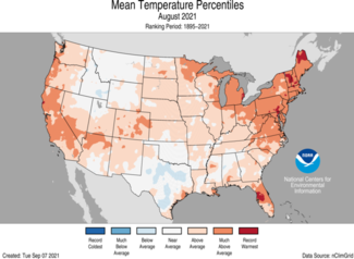 August 2021 US Average Temperature Percentiles Map