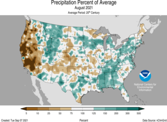 August 2021 US Precipitation Percent of Average Map