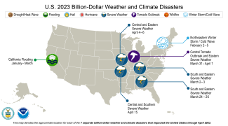 Map of the U.S. with icons showing locations of seven billion-dollar disasters from January-April 2023.