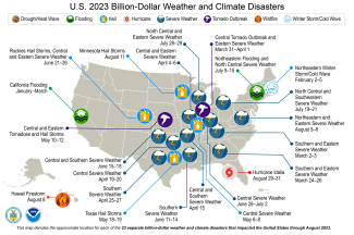 Alt text: Map of the United States 2023 Billion-Dollar Weather and Climate Disasters, with 23 events shown on the map.