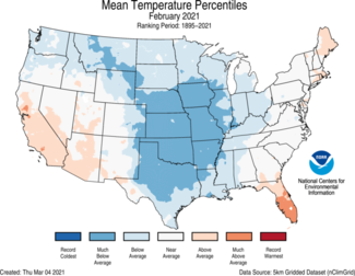 February 2021 US Average Temperature Percentiles Map