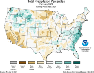 February 2021 US Total Precipitation Percentiles Map