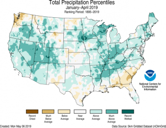 Map of January-April 2019 U.S. total precipitation percentiles