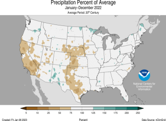 Map of the U.S. showing precipitation percentiles for 2022 with wetter areas in gradients of green and drier areas in gradients of brown.