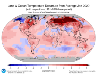 January 2020 Global Temperature Departures from Average Map