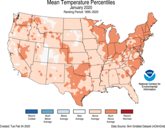 January 2020 U.S. Average Temperature Percentiles Map