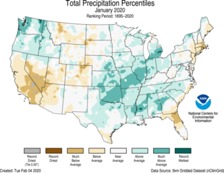 January 2020 U.S. Total Precipitation Percentiles Map