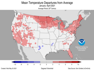 January-April 2021 US Mean Temperature Departures from Average Map