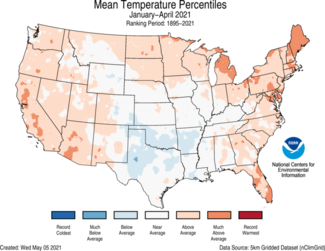 January-April 2021 US Average Temperature Percentiles Map