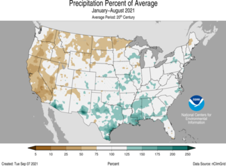 January-August 2021 Precipitation Percent of Average Map