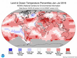 Map of global temperature percentiles for January to July 2018