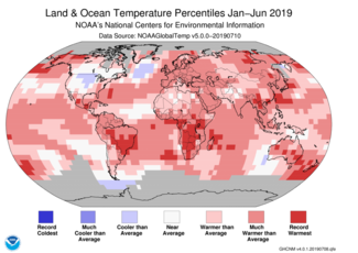 Map of global temperature percentiles for January–June 2019