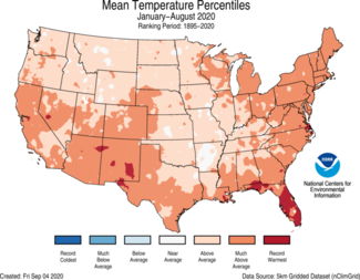 January-to-August 2020 US Average Temperature Percentiles Map