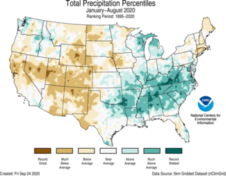 January-to-August 2020 US Total Precipitation Percentiles Map