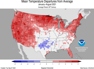 January-to-August 2021 US Mean Temperature Departures from Average Map