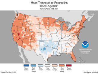 January-to-August 2021 US Average Temperature Percentiles Map