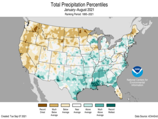 January-to-August 2021 US Total Precipitation Percentiles Map