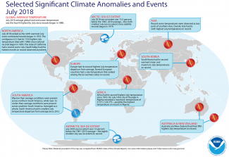Map of global selected significant climate anomalies and events for July 2018