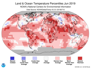 Map of global temperature percentiles for June 2019