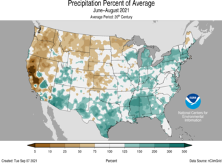June-August 2021 US Precipitation Percent of Average Map