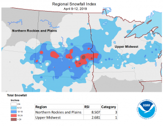Map of April 9, 2019, to April 12, 2019, Regional Snowfall Index in the Northern U.S.