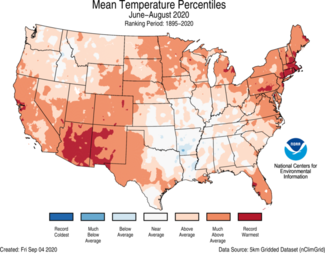 Summer 2020 US Average Temperature Percentiles Map