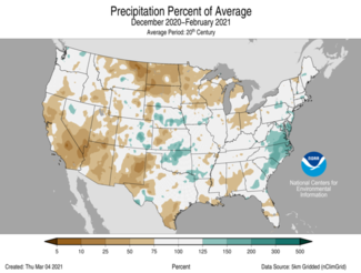 December-February US Precipitation Percent of Average Map