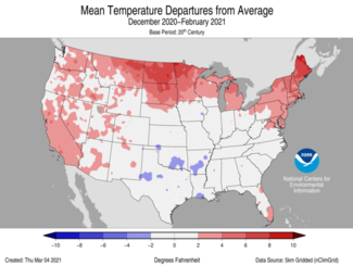 December-February 2021 US Mean Temperature Departures from Average