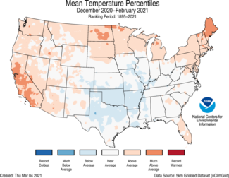 December-February 2021 US Average Temperature Percentiles Map