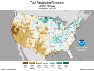 Map of January-April 2022 U.S. total precipitation percentiles