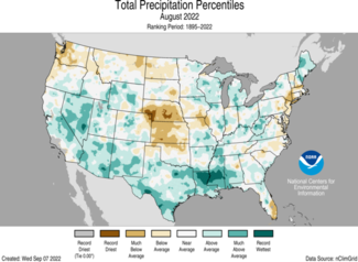 Map of the U.S. showing precipitation percentiles for August 2022 with wetter areas in gradients of green and drier areas in gradients of brown