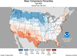 Map of April 2022 U.S. average temperature percentiles