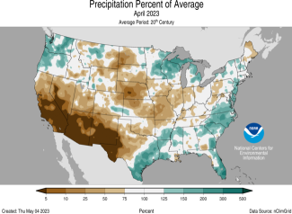Map of the U.S. showing percent of average precipitation for April 2023 with wetter areas in gradients of green and drier areas in gradients of brown.