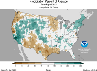Alt text: Map of the U.S. showing precipitation percentiles for June-August 2023 with wetter areas in gradients of green and drier areas in gradients of brown.