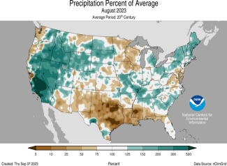 Alt text: Map of the U.S. showing precipitation percentiles for August 2023 with wetter areas in gradients of green and drier areas in gradients of brown.